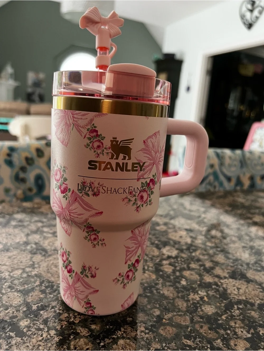 Stanley Love Shack Fancy Pink Floral Travel Tumbler with Straw Lid and Handle - Picture 6 of 11